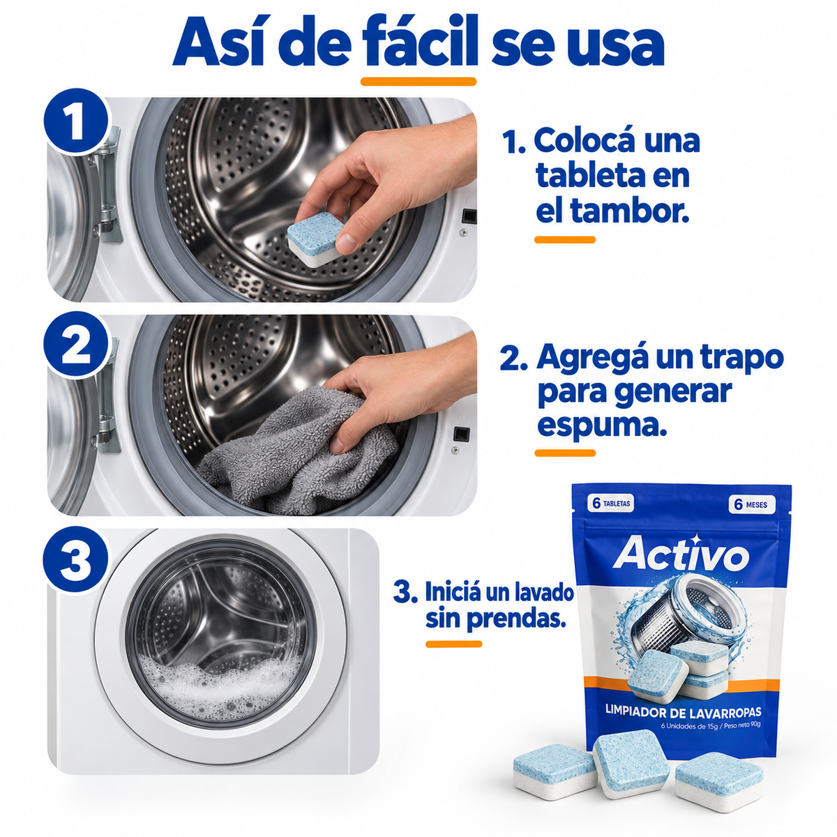Tabletas Antibacteriales para Limpieza de Lavarropa ACTIVO