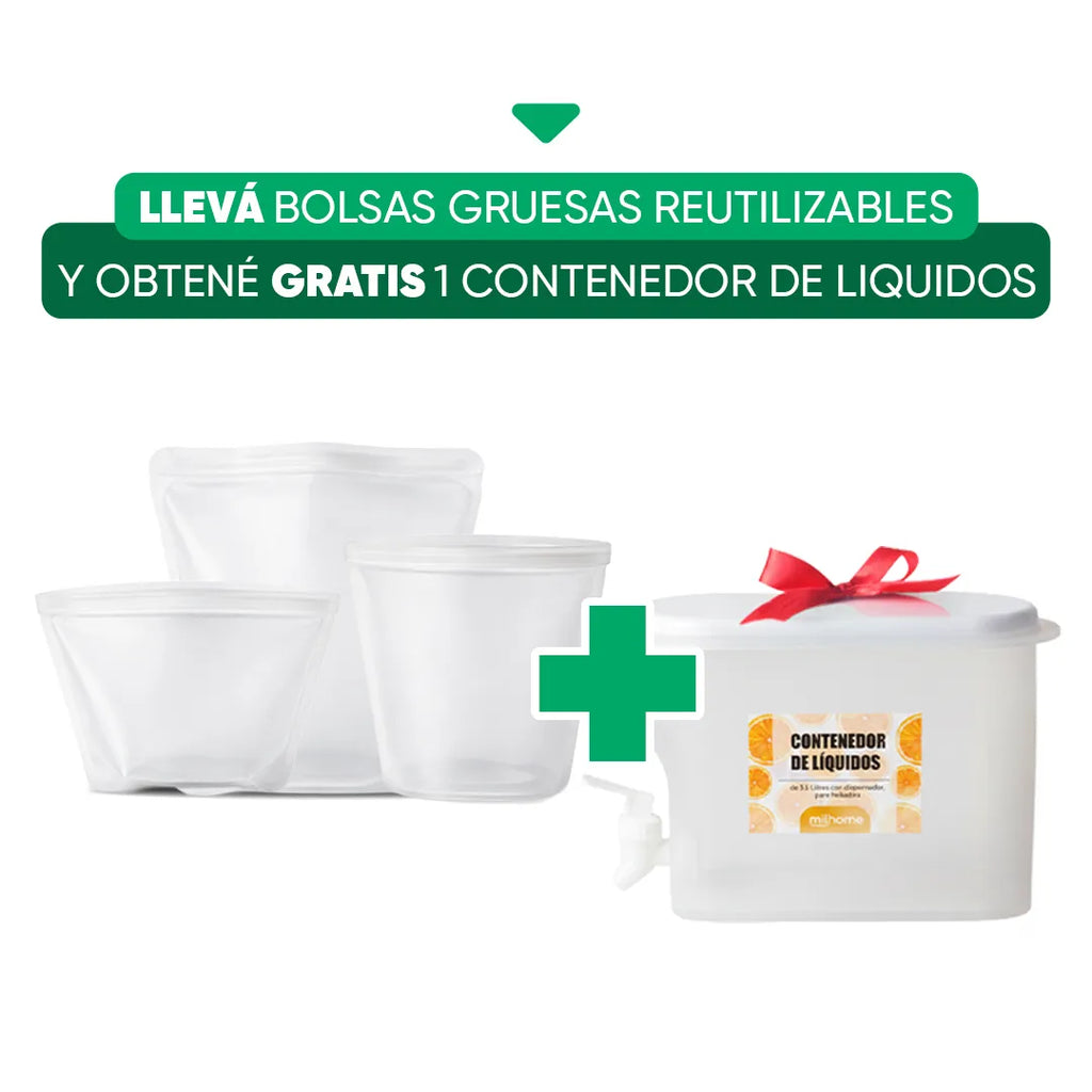 Pack bolsas gruesas reutilizables y contenedor de líquidos Mil Ideas – Mil Ideas