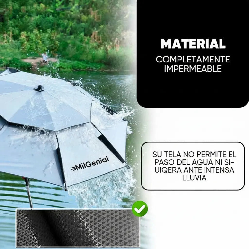 Sombrilla de acero 360° vista adicional armada en jardín – Mil Ideas