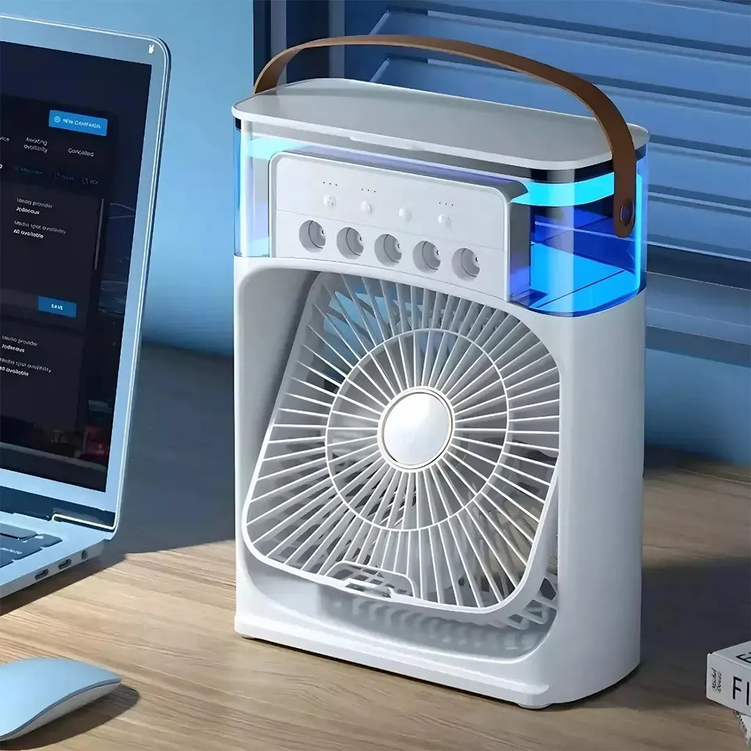 Mini ventilador 2 en 1 USB con contenedor de agua en uso – Mil Ideas