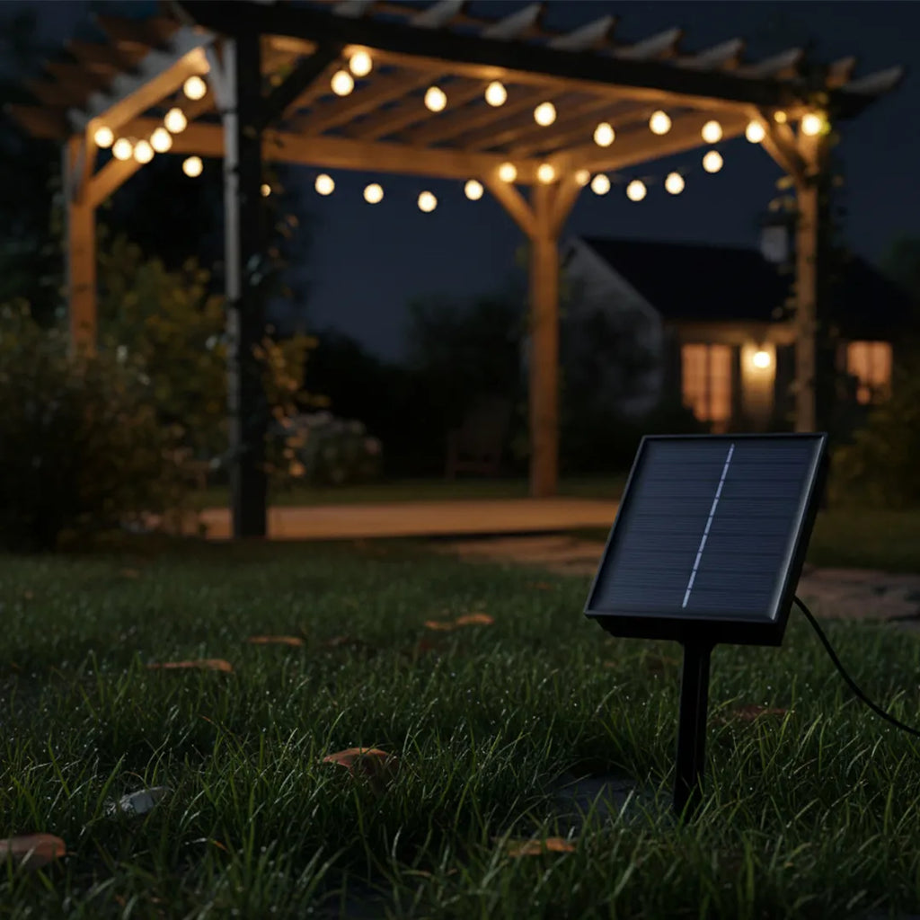 Guirnalda Luces Led Edison 5mts con Panel Solar en uso – Mil Ideas