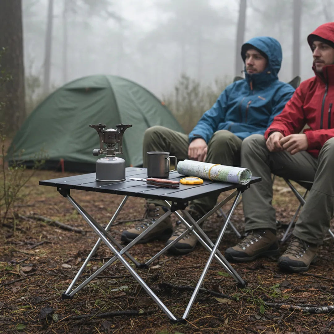 Mesa Plegable de Acero para Camping en uso – Mil Ideas