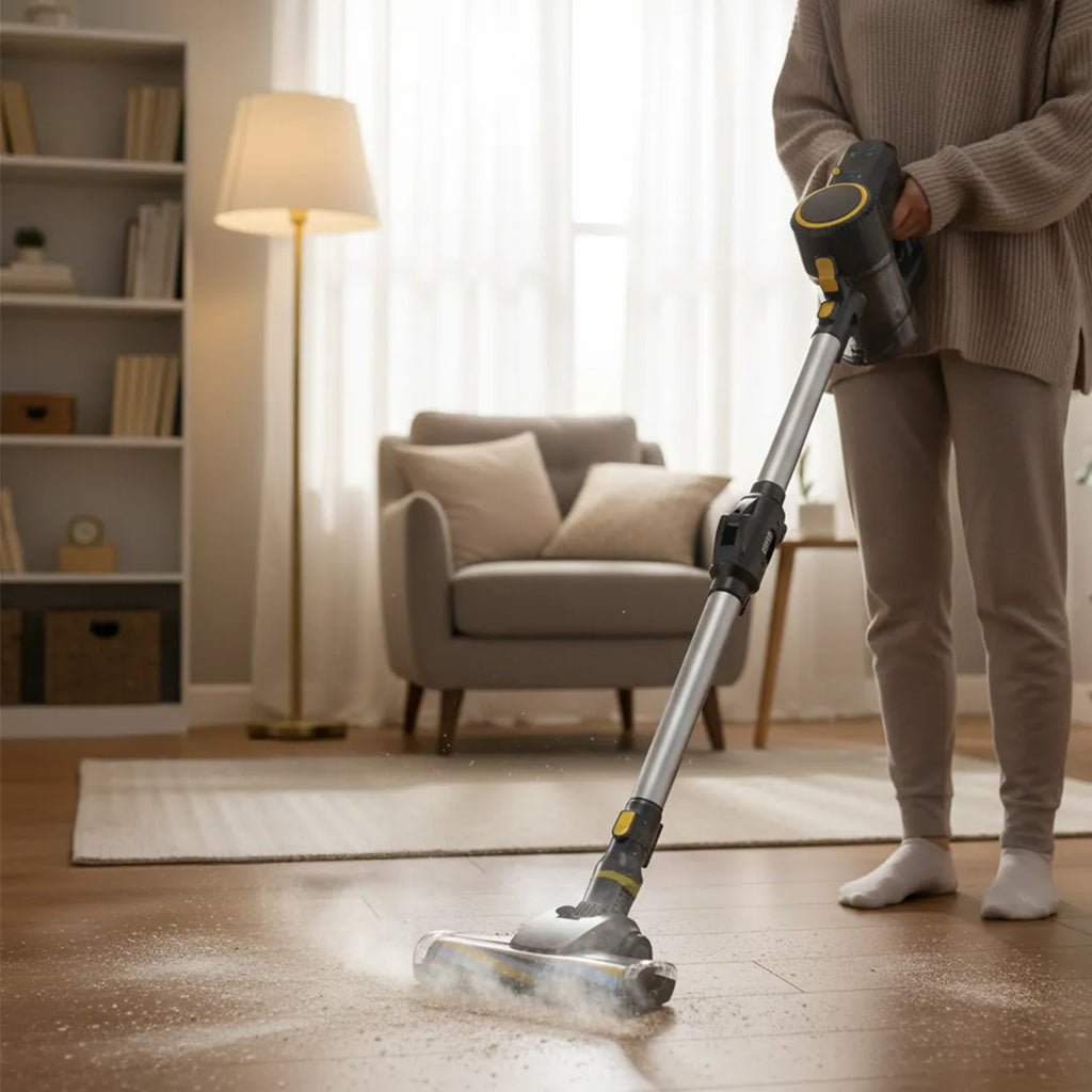 Aspiradora vertical inalámbrica flexible 3 en 1 150W en uso – Mil Ideas