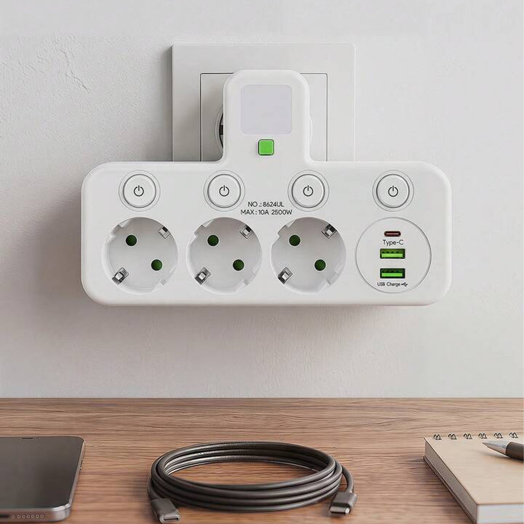 Adaptador Múltiple Schuko 3 Tomas + USB y Tipo C con Luz LED