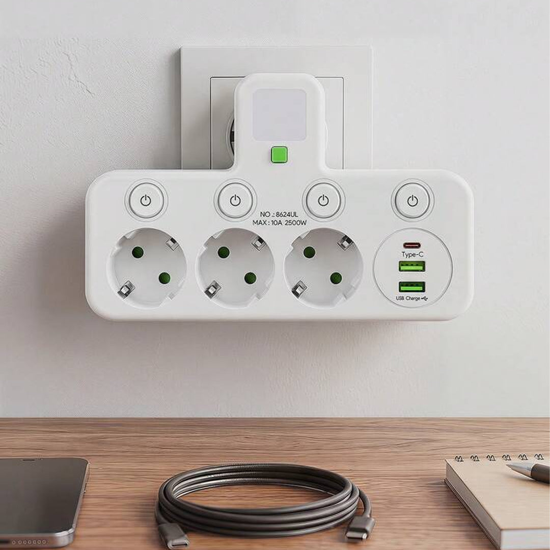 Adaptador Múltiple Schuko 3 Tomas + USB y Tipo C con Luz LED