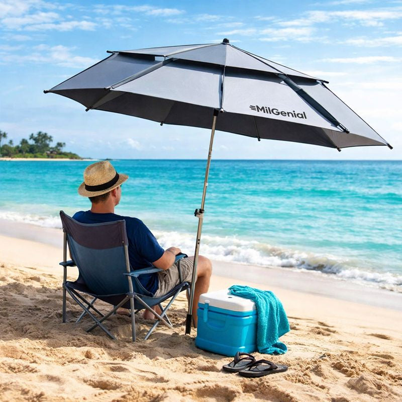 Sombrilla de acero 360° con protección solar en uso – Mil Ideas