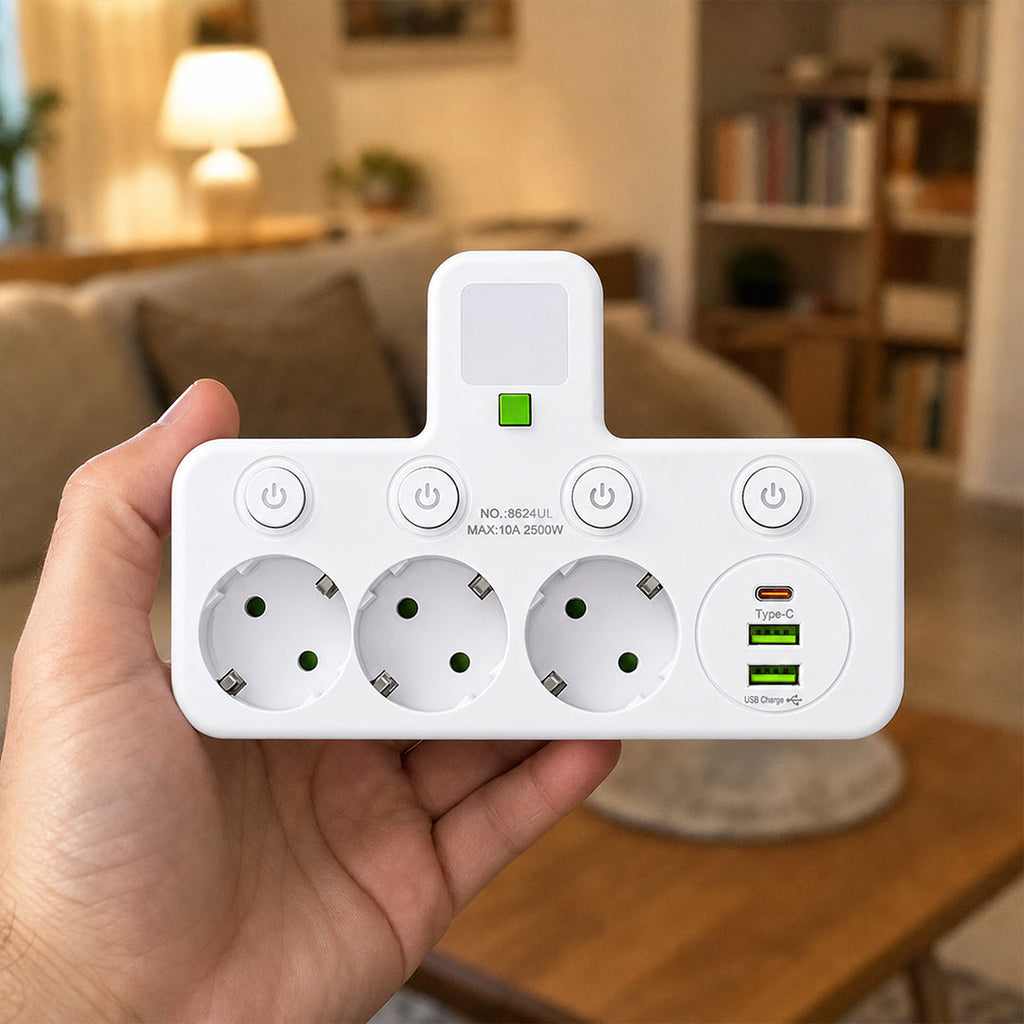 Adaptador Múltiple Schuko 3 Tomas + USB y Tipo C con Luz LED