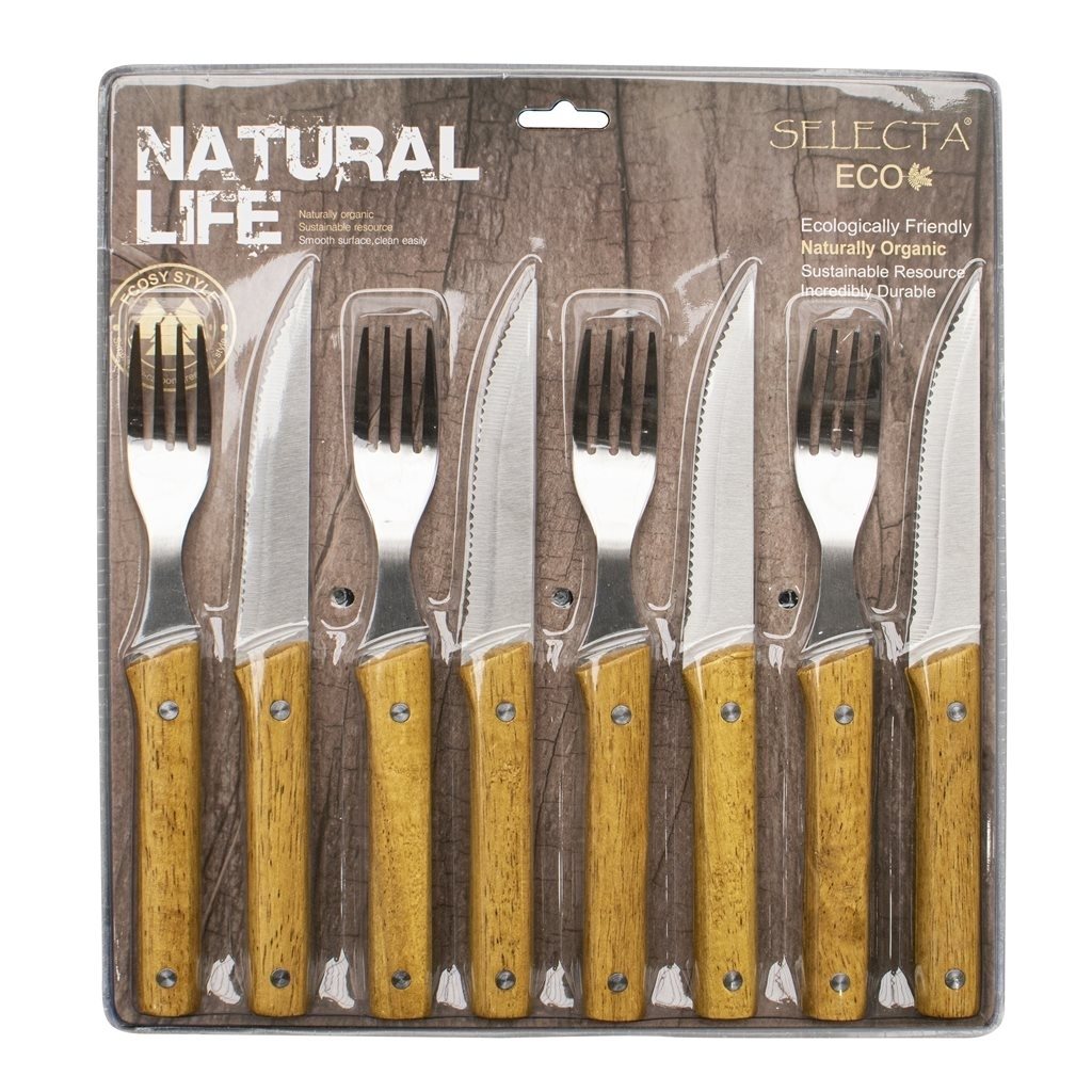 Set 8 piezas cuchillo y tenedor con mango de madera – Mil Ideas