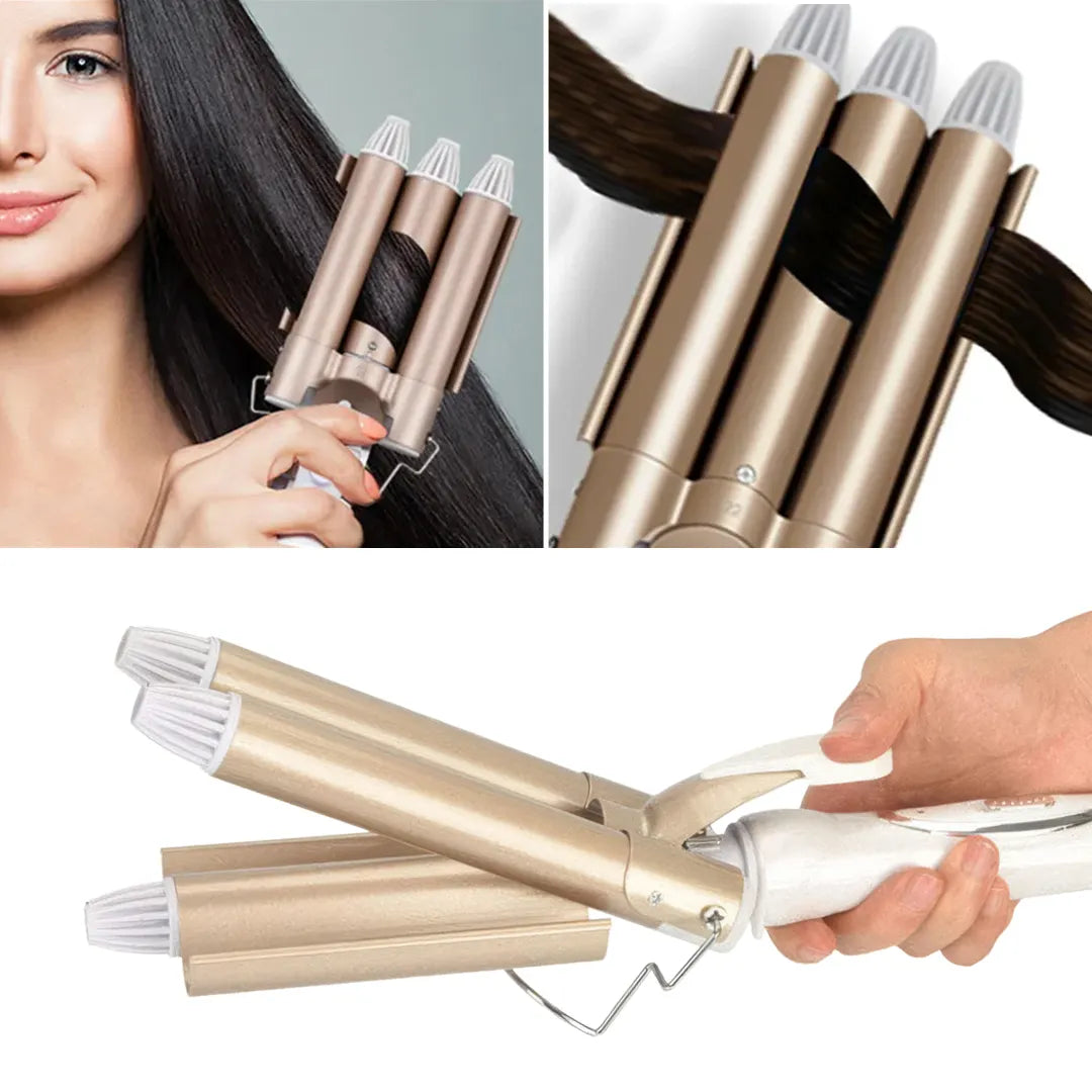 Rizador de pelo cerámica triple rodillo en uso – Mil Ideas