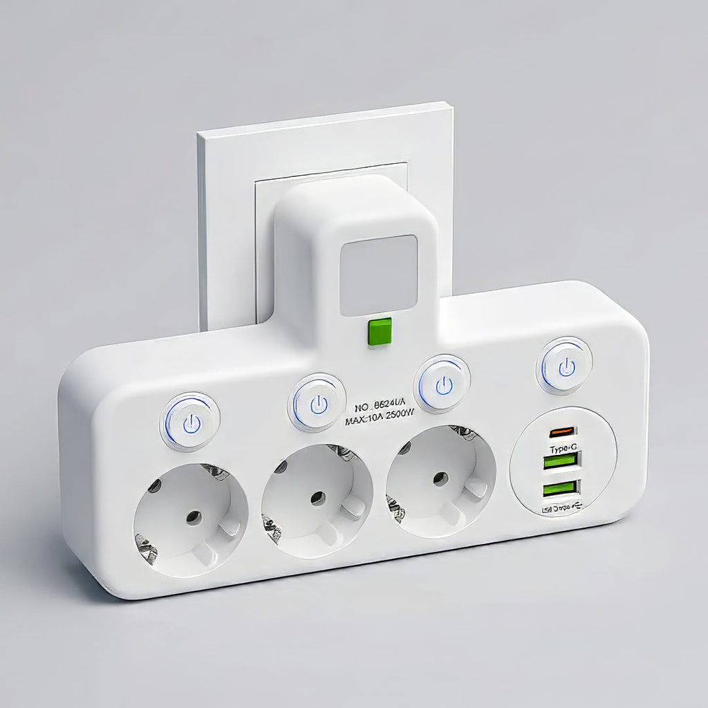 Adaptador Múltiple Schuko 3 Tomas + USB y Tipo C con Luz LED