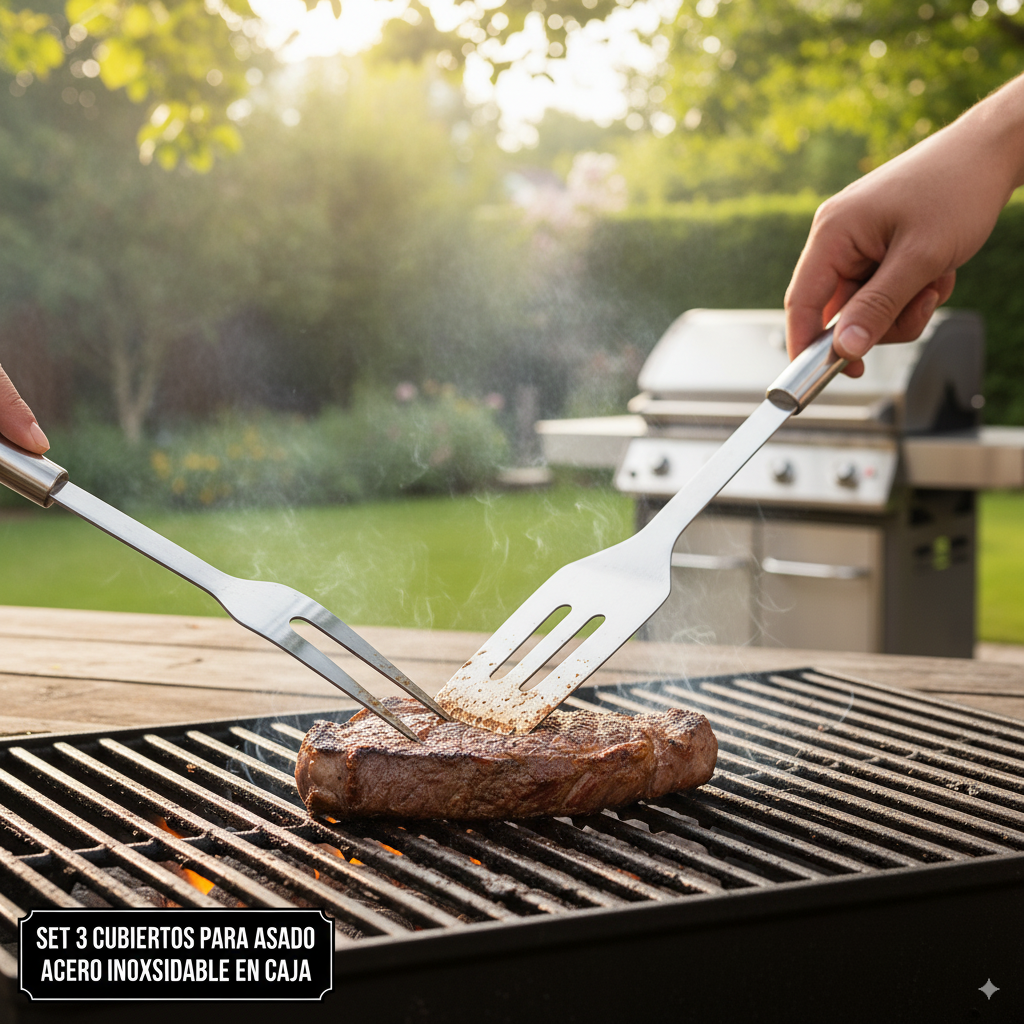 Set 3 cubiertos para asado en acero inoxidable en uso – Mil Ideas