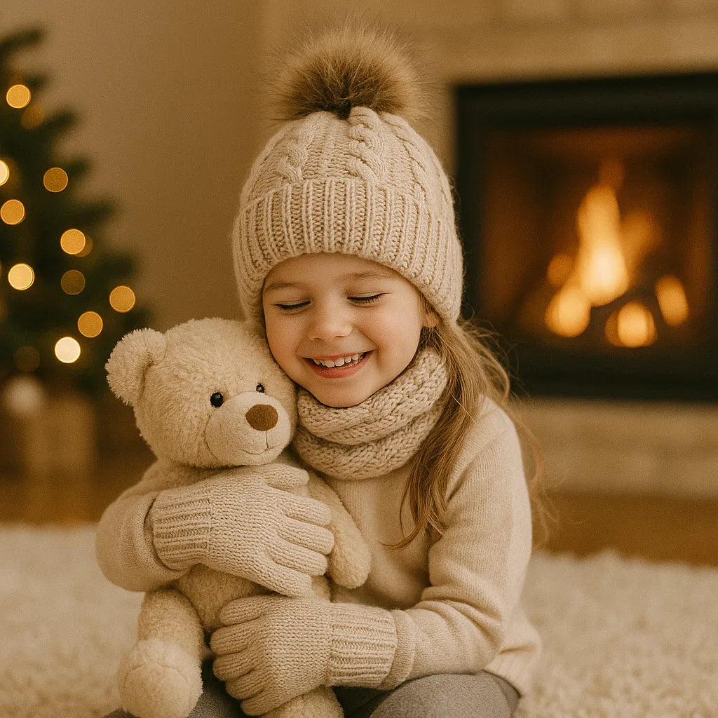 Kit winter gorro con bufanda y guantes de punto en uso – Mil Ideas