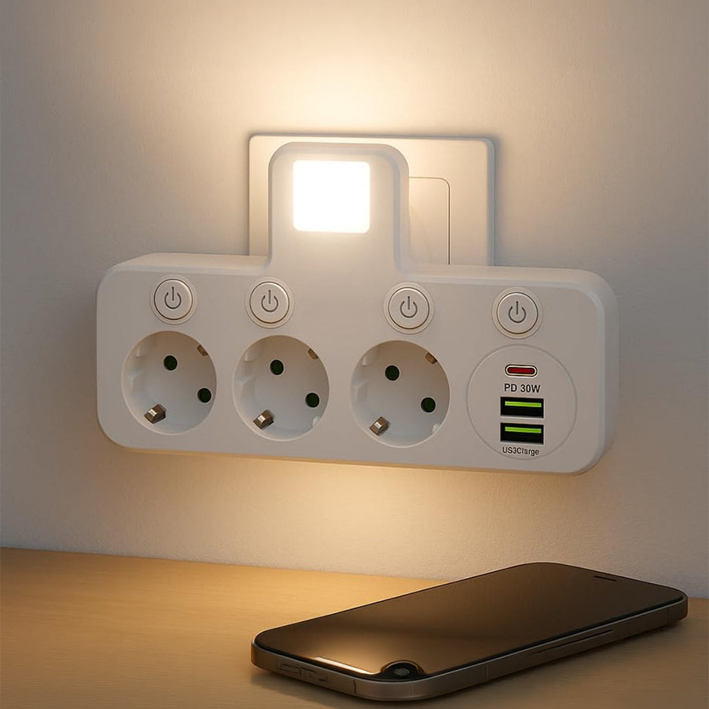 Adaptador Múltiple Schuko 3 Tomas + USB y Tipo C con Luz LED
