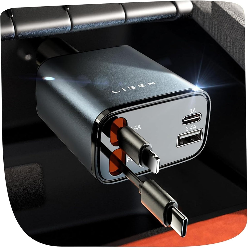 Cargador de Auto LISEN con Cables Retractil 4 en 1