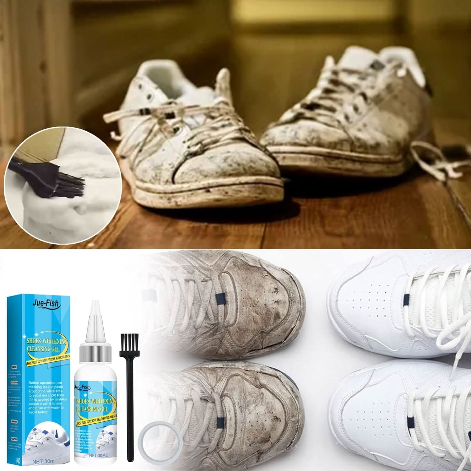 Gel limpiador y blanqueador de zapatos en uso – Mil Ideas