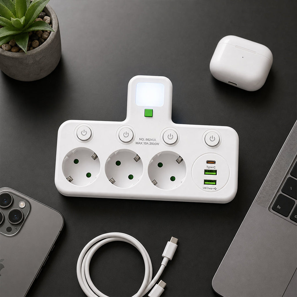 Adaptador Múltiple Schuko 3 Tomas + USB y Tipo C con Luz LED