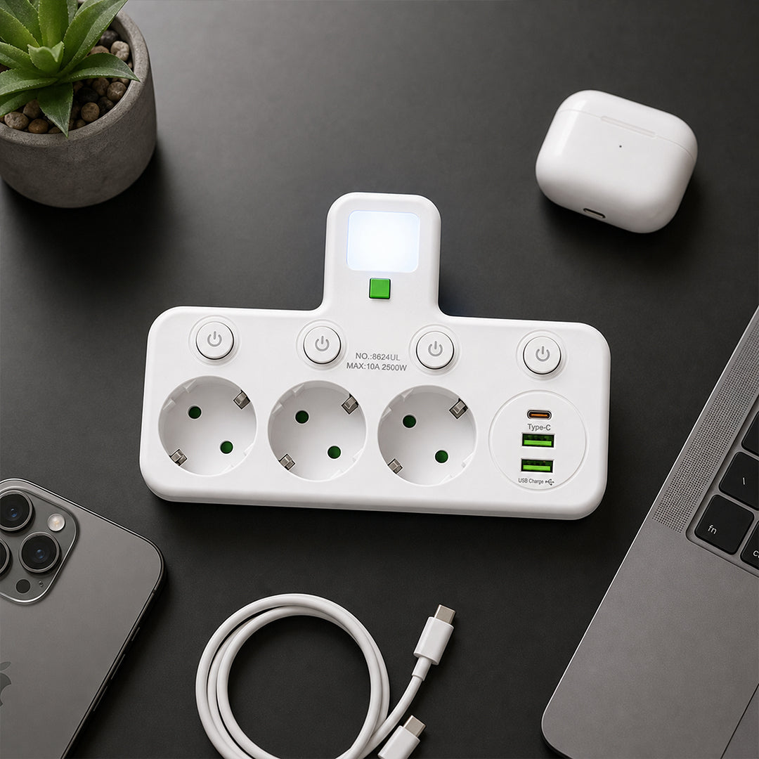 Adaptador Múltiple Schuko 3 Tomas + USB y Tipo C con Luz LED