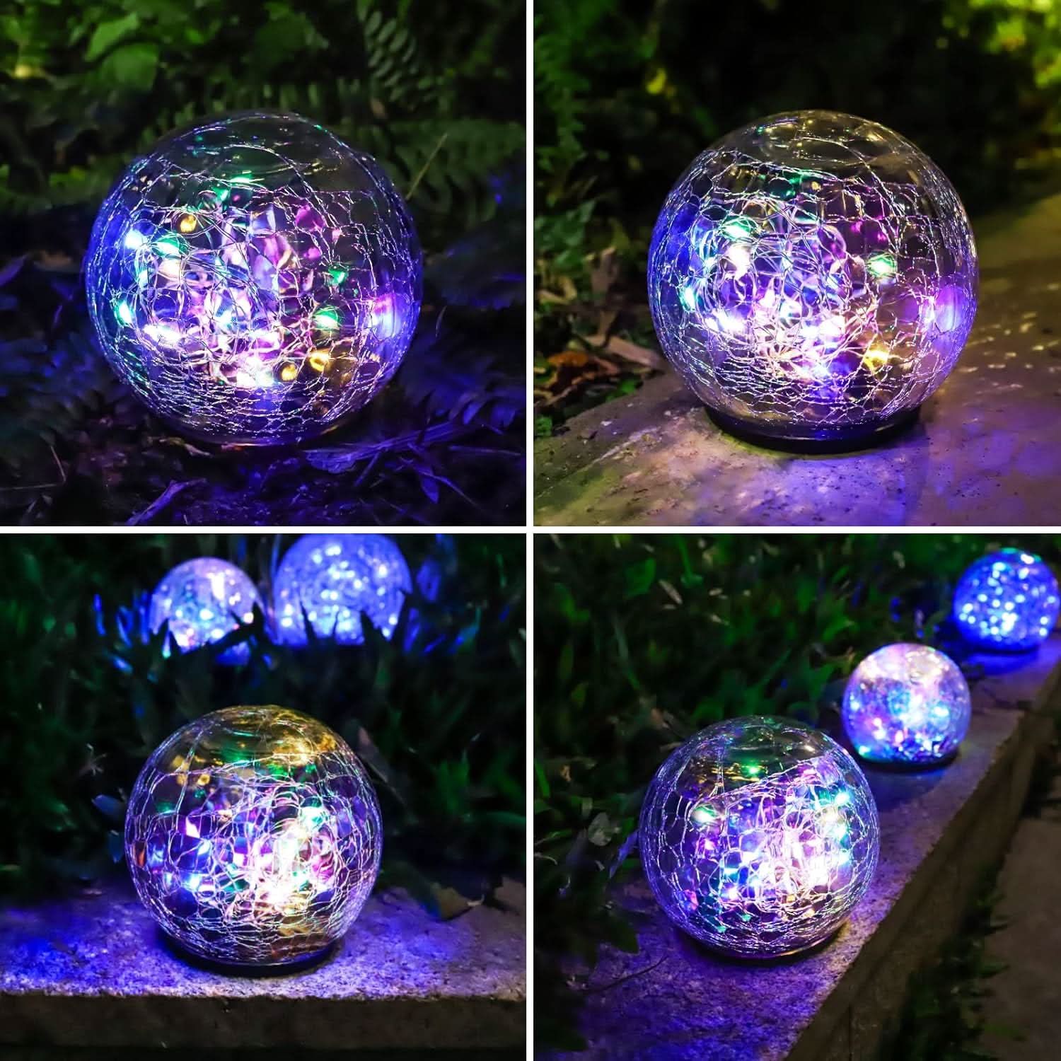 Esferas de luces solares decorativas con estaca en uso – Mil Ideas