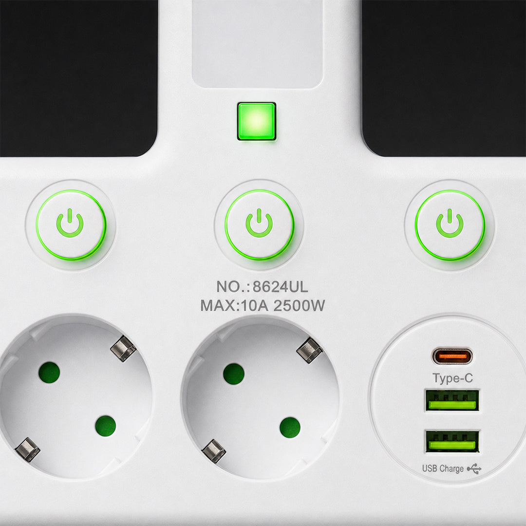 Adaptador Múltiple Schuko 3 Tomas + USB y Tipo C con Luz LED