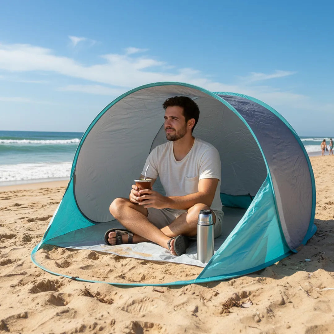 Carpa Autoarmable en uso armada en la playa – Mil Ideas
