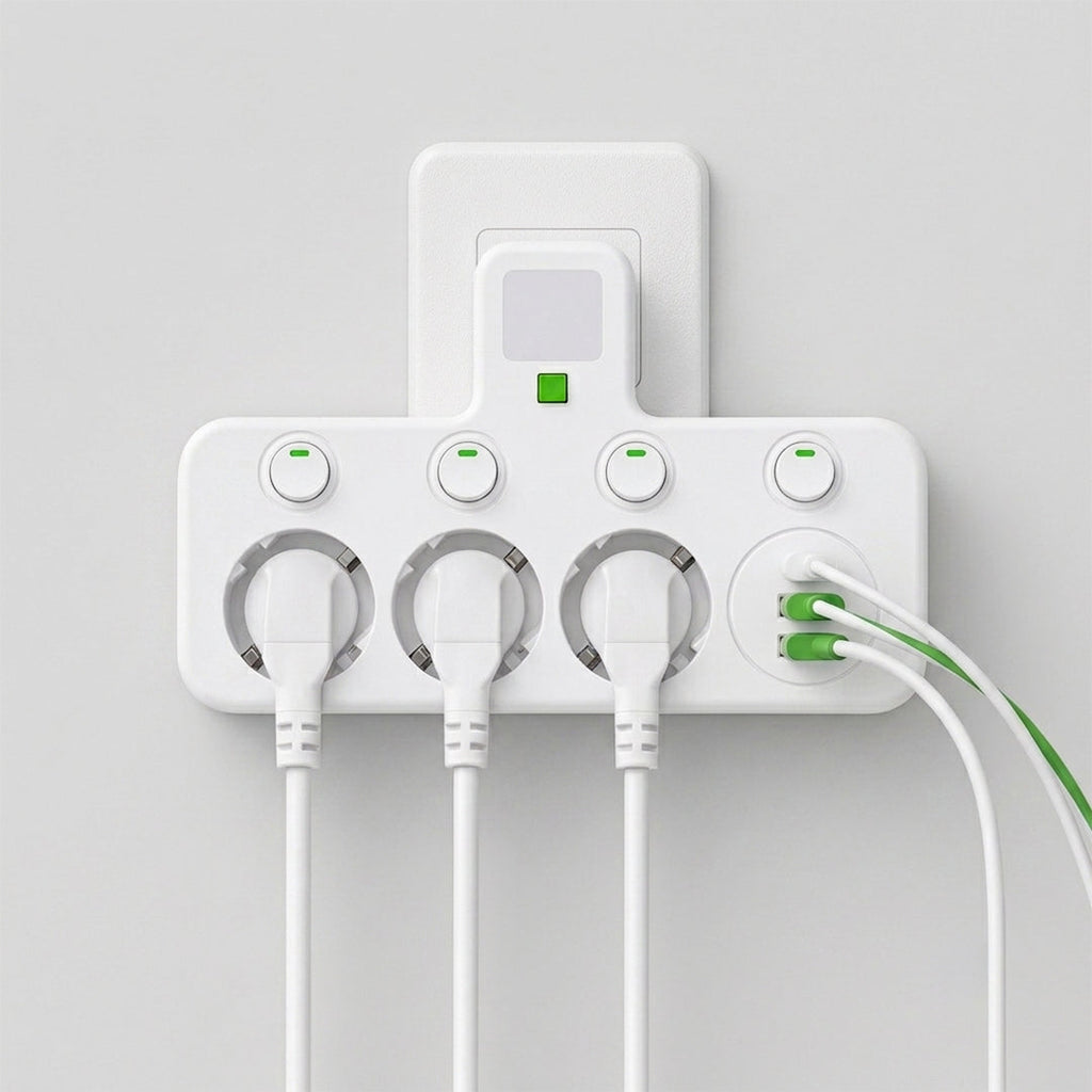 Adaptador Múltiple Schuko 3 Tomas + USB y Tipo C con Luz LED