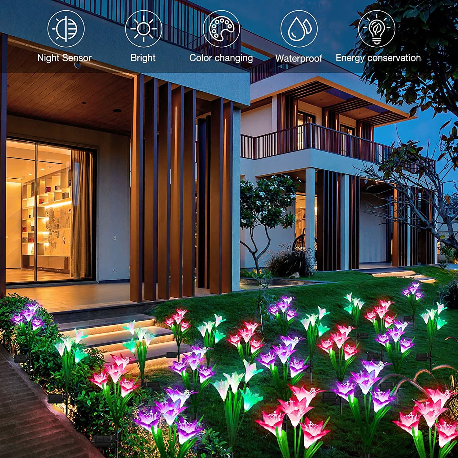 Luces tulipán solares en uso iluminando el jardín – Mil Ideas