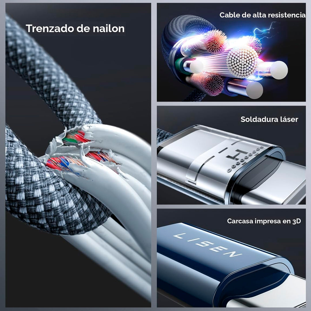Cable LISEN USB-C 3.0 trenzado carga rápida detalle – Mil Ideas