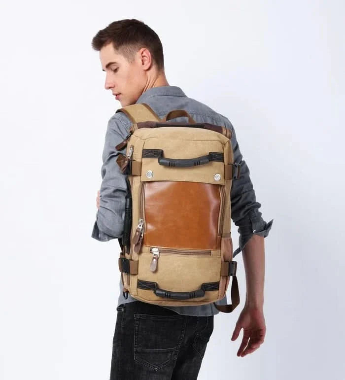 Mochila Overmont de Lona y Cuero con Gran Capacidad