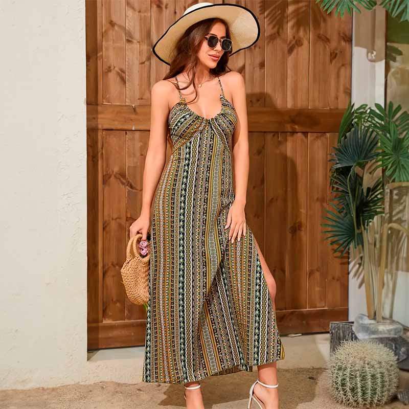 Vestido largo con tirantes étnico espalda cruzada – Mil Ideas