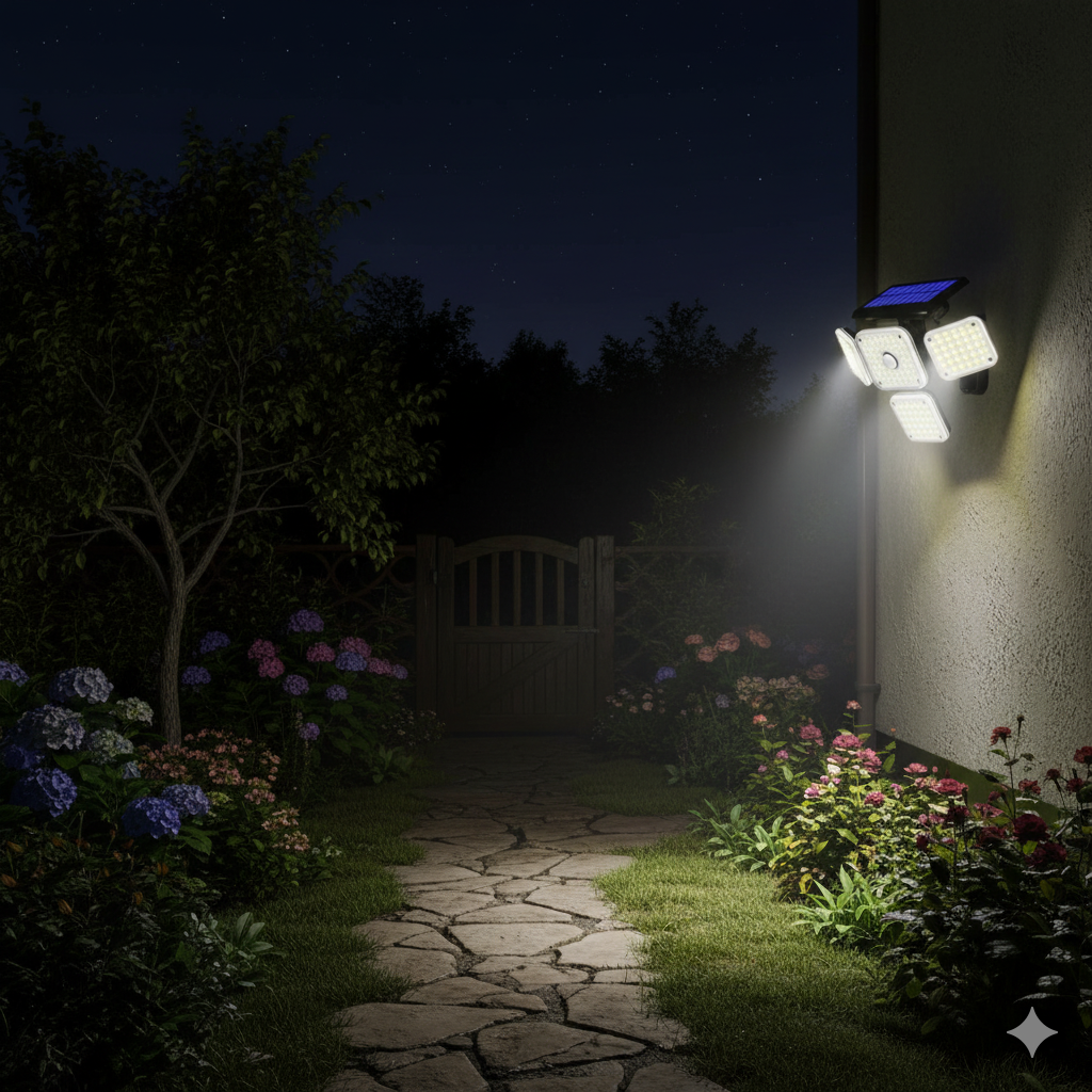 Foco solar 4 luces extensible en uso iluminando exterior – Mil Ideas