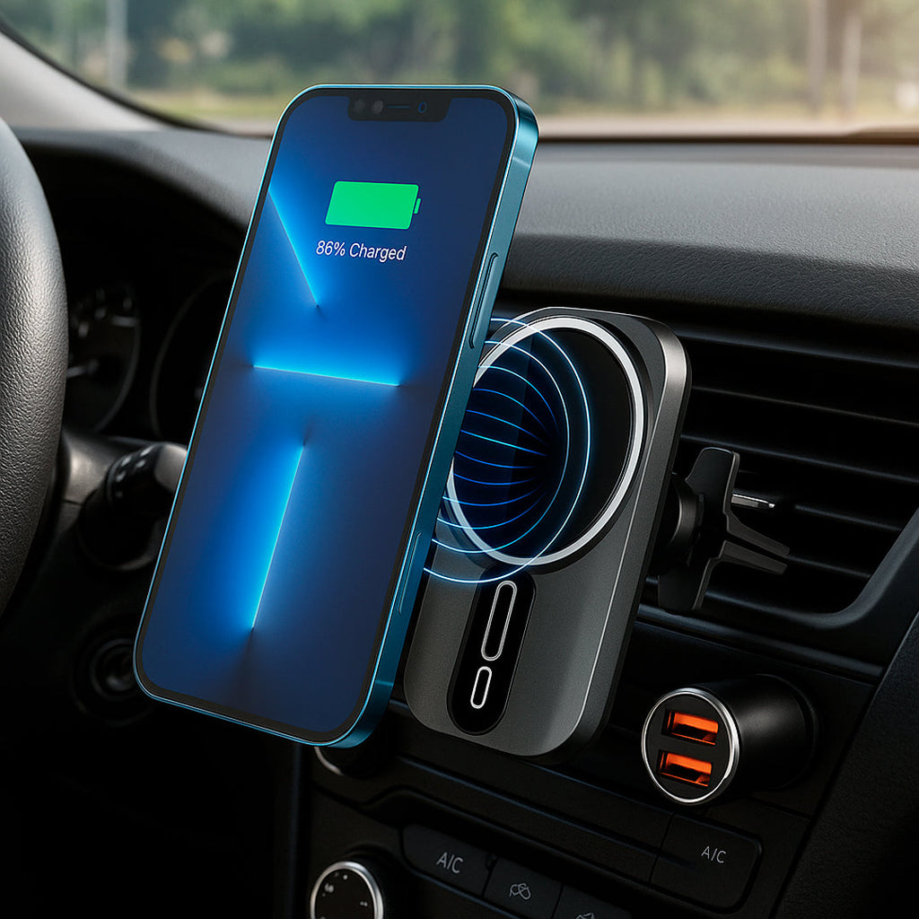 Cargador magnético inalámbrico QC3.0 360° en uso – Mil Ideas