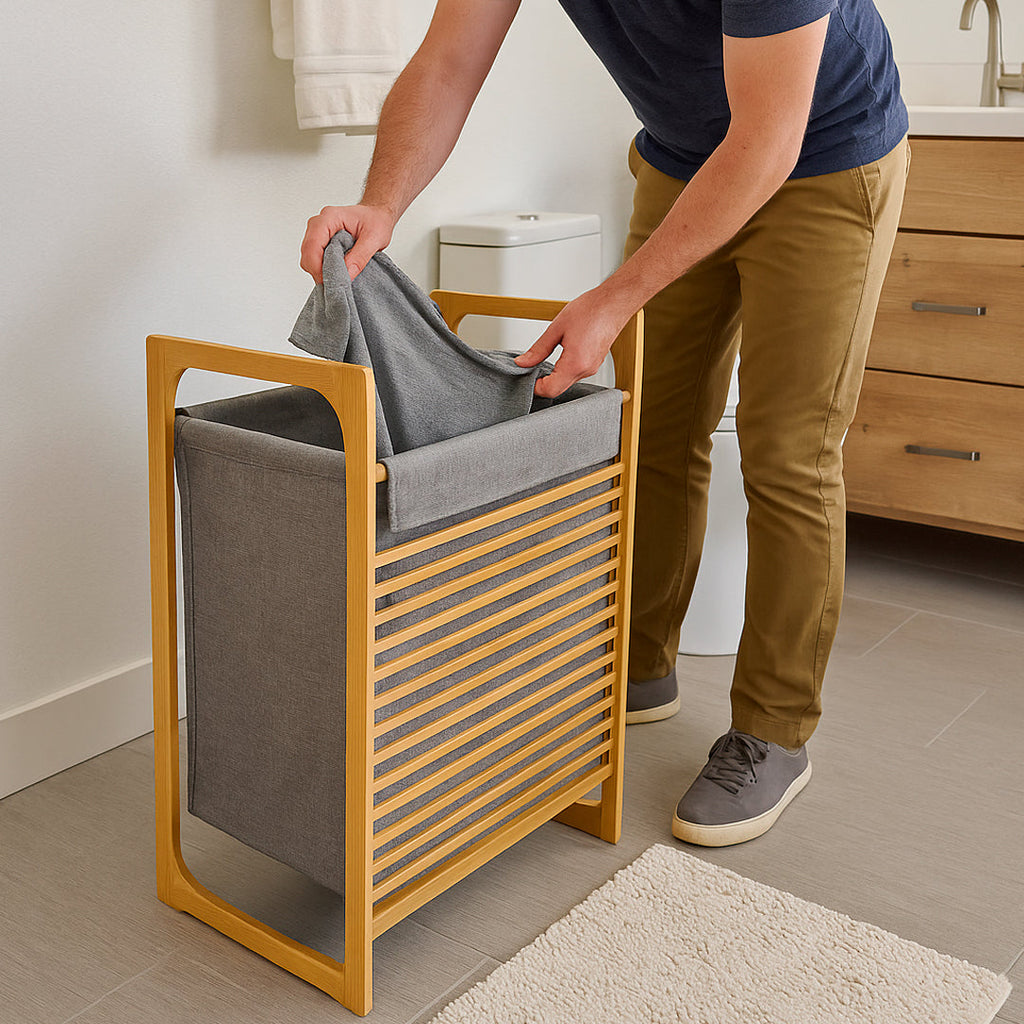Cesto organizador de bambú vista adicional en dormitorio – Mil Ideas