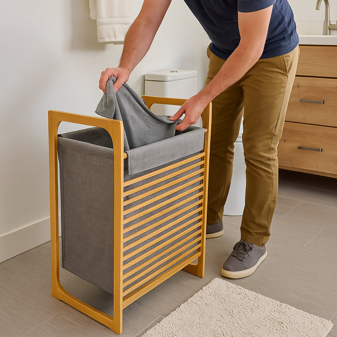 Cesto organizador de bambú vista adicional en dormitorio – Mil Ideas