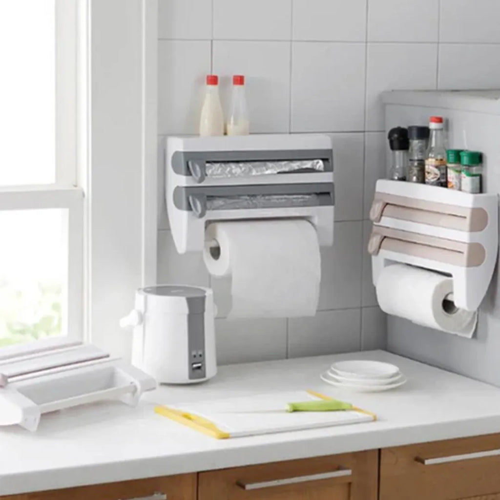 Soporte dispensador y cortador de rollos 3 en 1 en uso – Mil Ideas