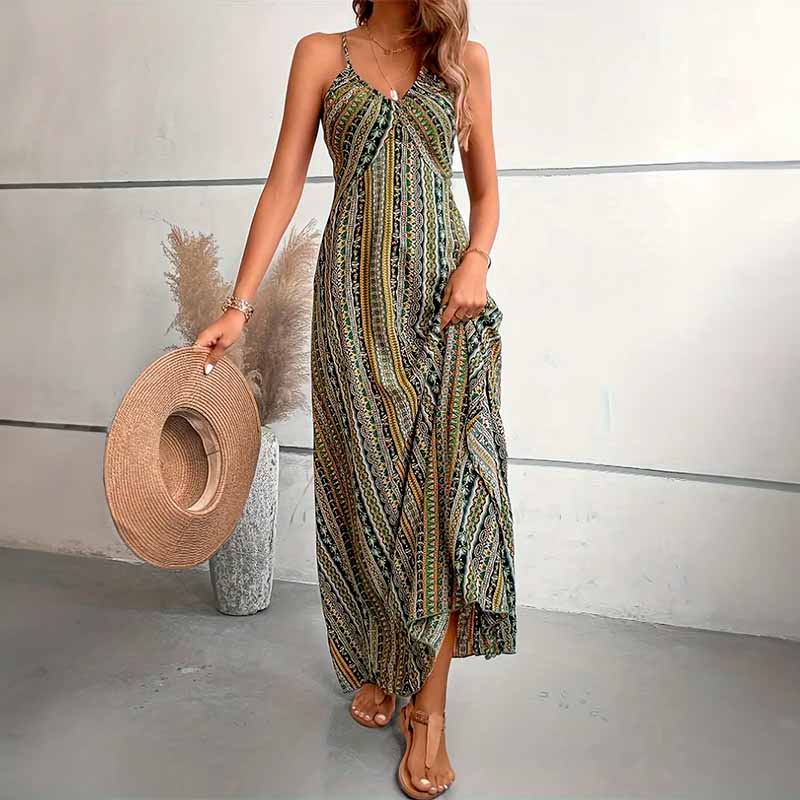 Vestido largo étnico espalda cruzada vista adicional – Mil Ideas