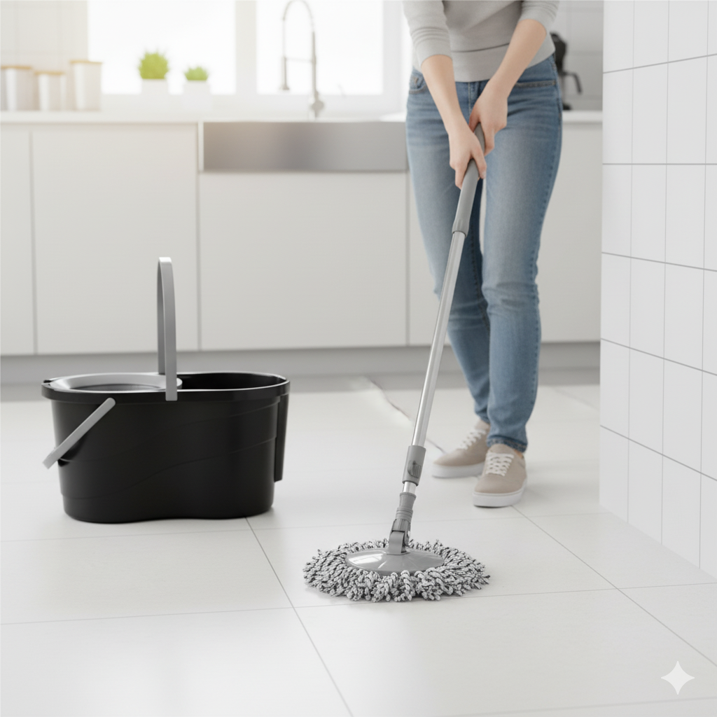 Mopa con balde centrifugado 14 litros en uso limpiando – Mil Ideas
