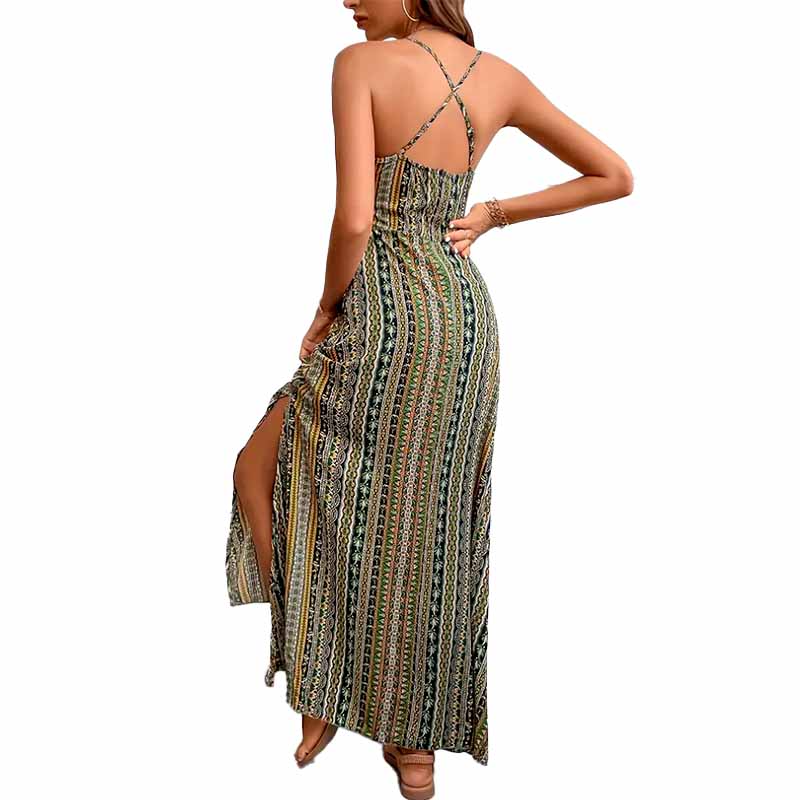 Vestido largo étnico espalda cruzada vista adicional – Mil Ideas