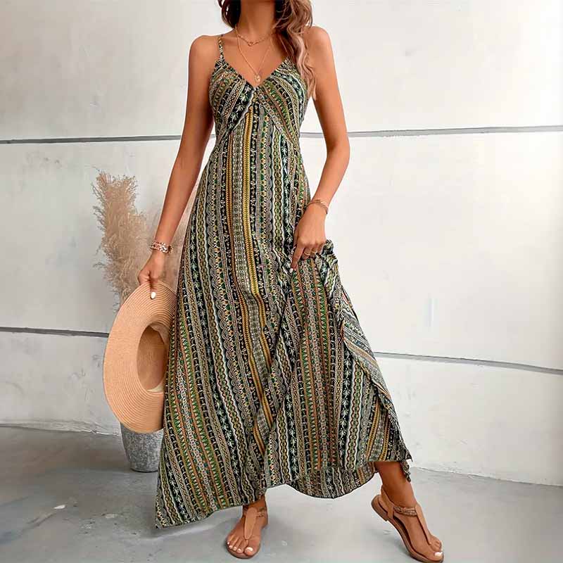 Vestido largo étnico espalda cruzada vista adicional – Mil Ideas