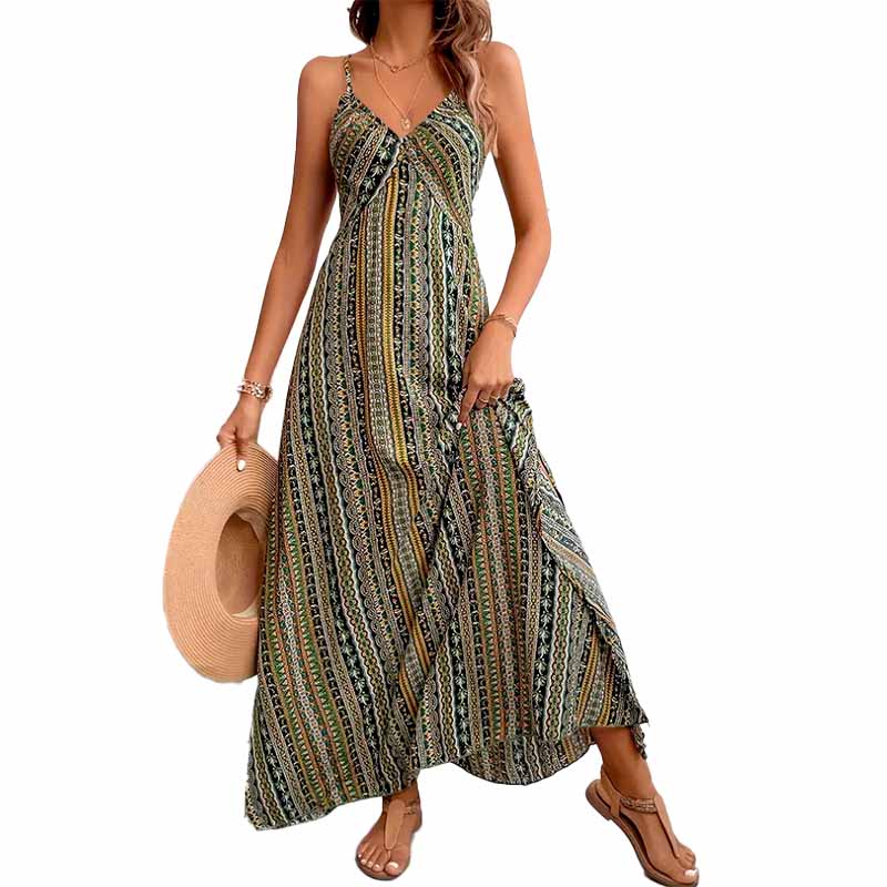 Vestido largo étnico espalda cruzada vista adicional – Mil Ideas