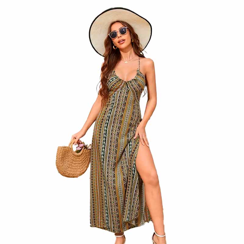 Vestido largo étnico espalda cruzada vista adicional – Mil Ideas
