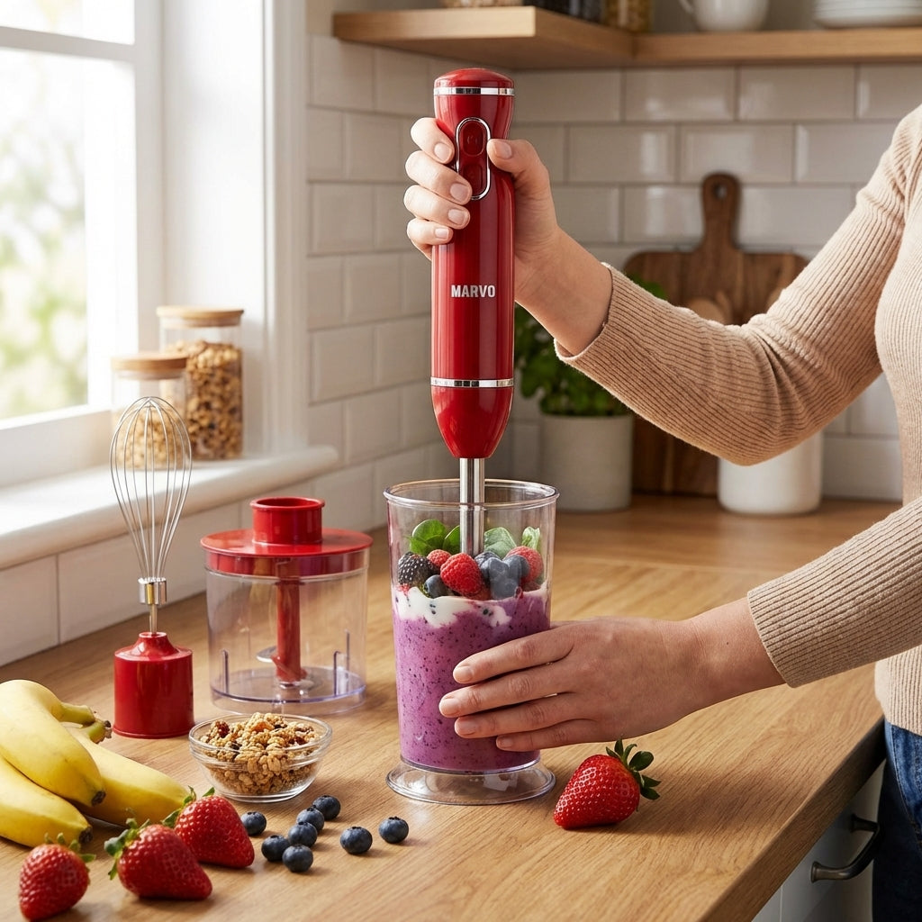 Mixer Marvo HBR-079RD rojo en uso – Mil Ideas
