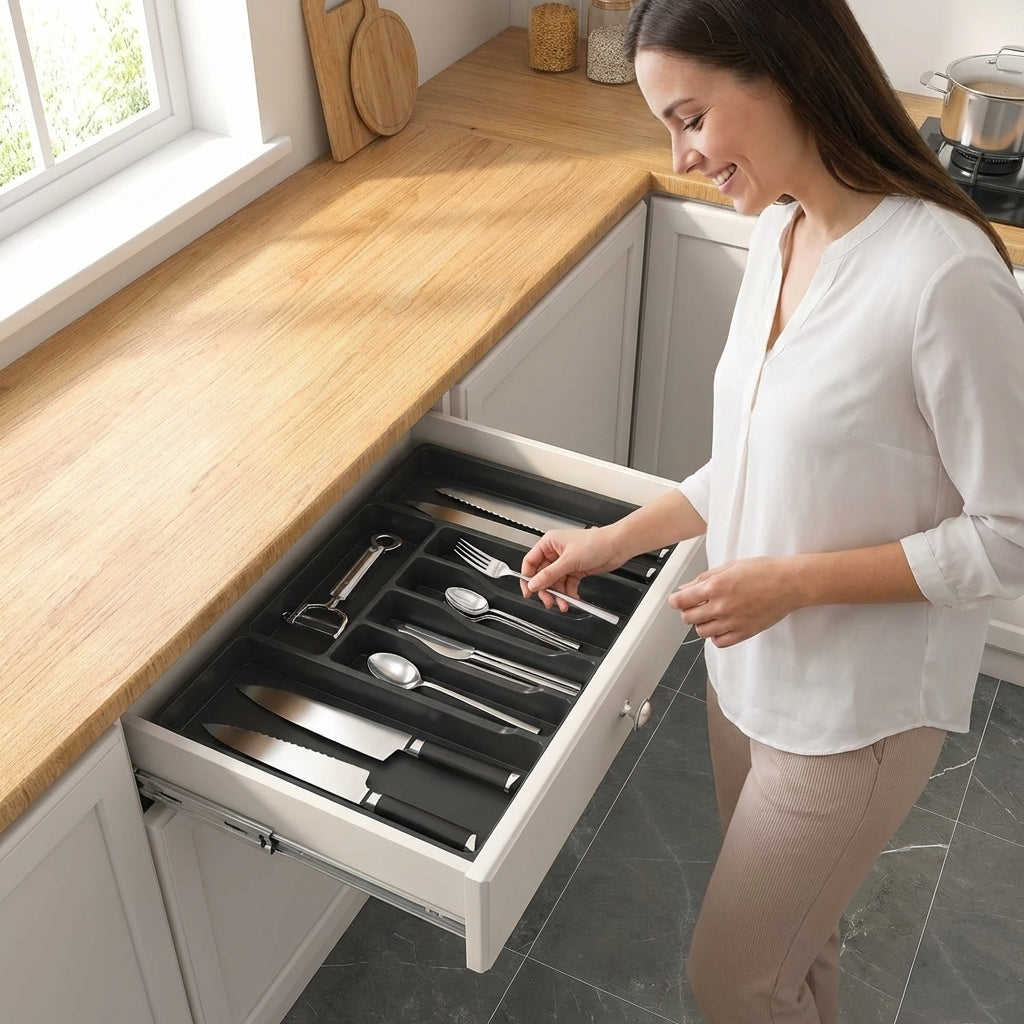 Organizador de Cajones de Cocina Expandible sin BPA en uso – Mil Ideas