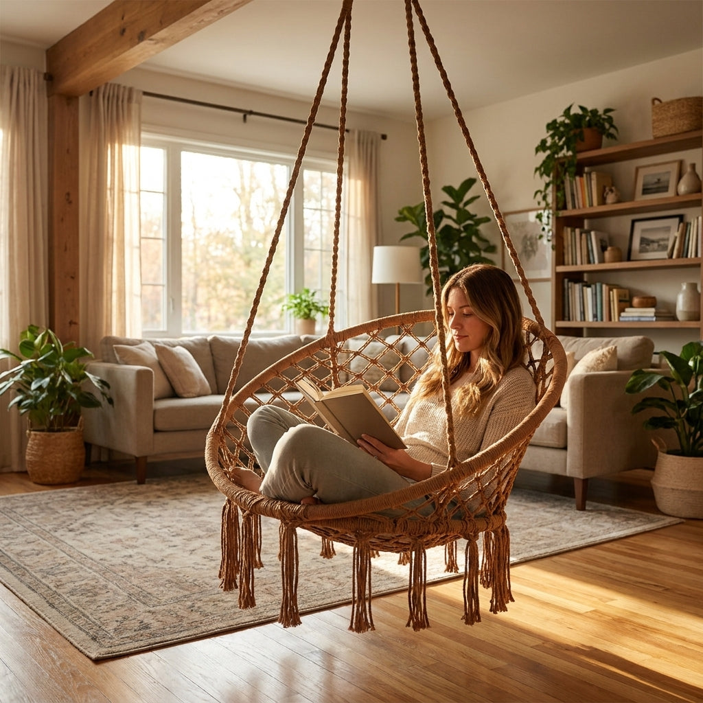 Silla hamaca macramé colgante en uso – Mil Ideas