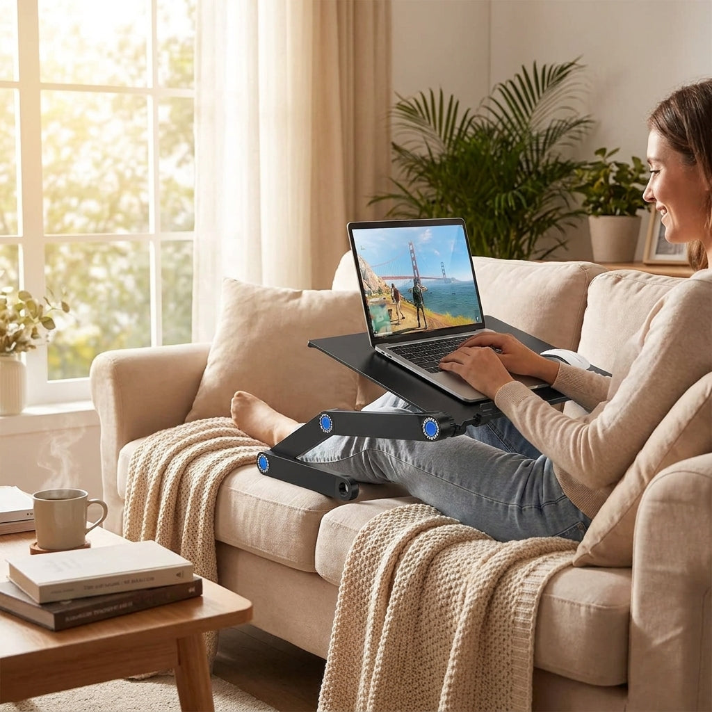 Mesa portátil para laptop con ventilador en uso – Mil Ideas