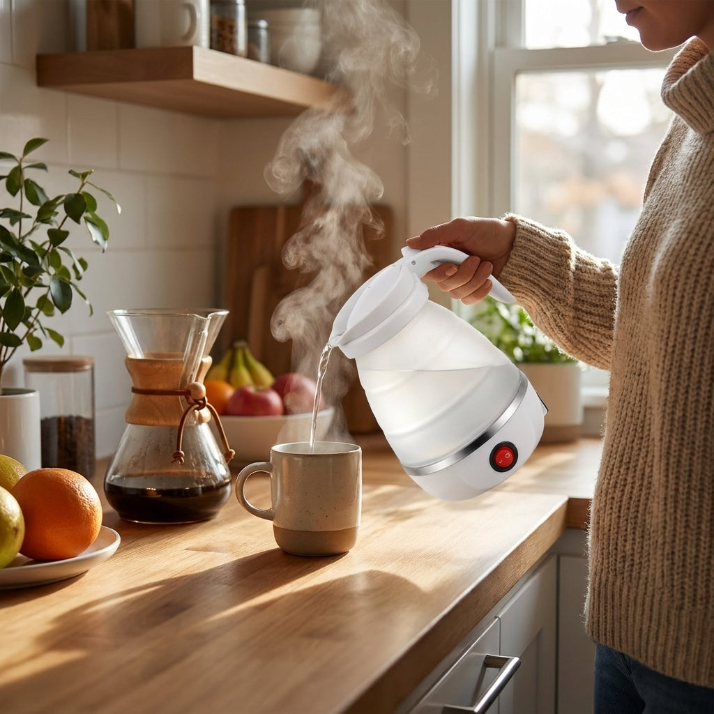 Jarra eléctrica plegable de silicona 600ml en uso – Mil Ideas