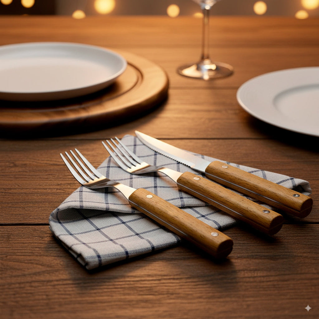 Set 8 piezas cuchillo y tenedor con mango de madera detalle – Mil Ideas