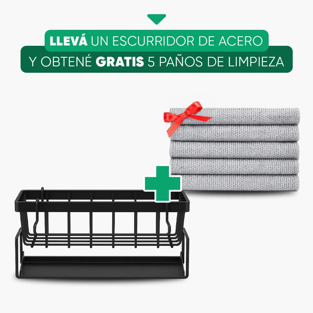 Escurridor para Fregadero de Acero Inoxidable + Set de 5 Paños de Regalo