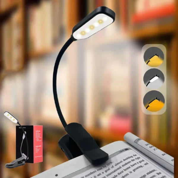 Luz LED clip lamp para lectura nocturna en uso – Mil Ideas